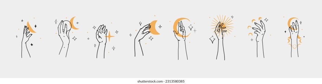 Hand drawn vector abstract outline,graphic,line set magic human hand with moon and star logo in minimalistic modern style.Moon and star sign outline design concept.Outline astrology line art isolated.