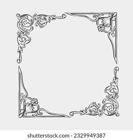 Hand drawn vector abstract outline,graphic,line art vintage baroque ornament floral frame in minimalistic modern style.Baroque floral vintage outline design concept.Vector antique frame isolated.