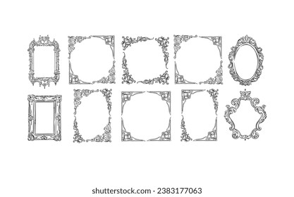 Hand drawn vector abstract outline,graphic,line art vintage baroque ornament floral frames set in minimalistic modern style.Baroque floral vintage outline design concept.Vector antique frame isolated.
