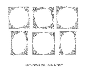 Hand drawn vector abstract outline,graphic,line art vintage baroque ornament floral frames set in minimalistic modern style.Baroque floral vintage outline design concept.Vector antique frame isolated.