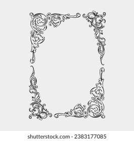 Hand drawn vector abstract outline,graphic,line art vintage baroque ornament floral frame in minimalistic modern style.Baroque floral vintage outline design concept.Vector antique frame isolated.