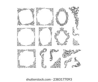 Hand drawn vector abstract outline,graphic,line art vintage baroque ornament floral frames set in minimalistic modern style.Baroque floral vintage outline design concept.Vector antique frame isolated.