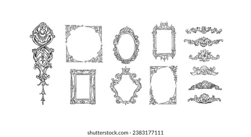 Hand drawn vector abstract outline,graphic,line art vintage baroque ornament floral frames set in minimalistic modern style.Baroque floral vintage outline design concept.Vector antique frame isolated.