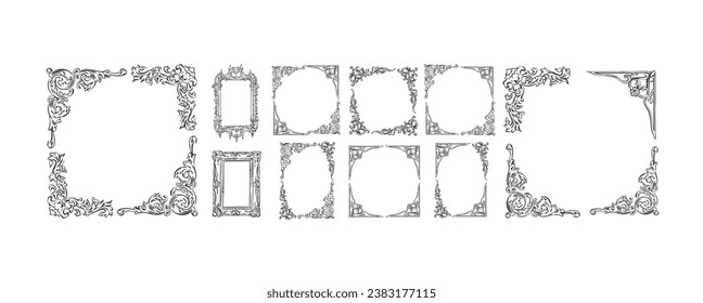 Hand drawn vector abstract outline,graphic,line art vintage baroque ornament floral frames set in minimalistic modern style.Baroque floral vintage outline design concept.Vector antique frame isolated.