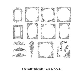 Hand drawn vector abstract outline,graphic,line art vintage baroque ornament floral frames set in minimalistic modern style.Baroque floral vintage outline design concept.Vector antique frame isolated.