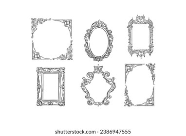 Handgezeichnete, abstrakte Vektorgrafik, Grafik, Linie Kunst Vintage baroque Ornament Blumenrahmen gesetzt in minimalistisch modernen Stil.Barockblumenübersicht Konzept.Vektor Antique Rahmen einzeln.