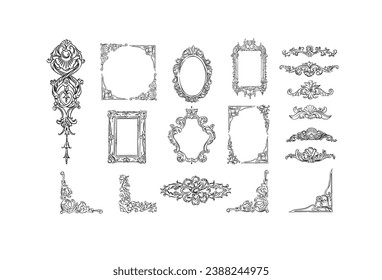 Hand drawn vector abstract outline,graphic,line vintage baroque ornament floral borders set in minimalistic modern style.Baroque floral vintage outline design concept.Vector antique corner isolated.