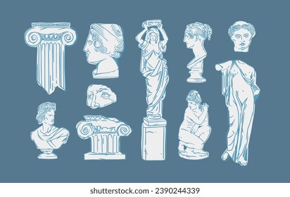 Hand drawn vector abstract outline,graphic,line greek ancient sculpture statue line art modern drawing set.Antique classic statues in trendy line style,outline design concept.Antique statue design.