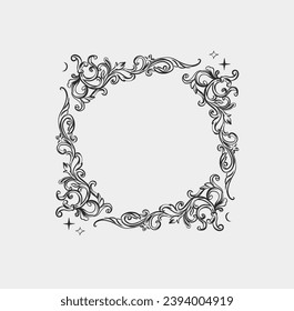 Hand drawn vector abstract outline,graphic,line vintage baroque ornament floral frame in calligraphic elegant modern style.Baroque floral vintage outline design concept.Vector antique frame isolated.