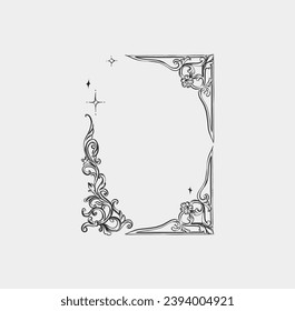 Hand drawn vector abstract outline,graphic,line vintage baroque ornament floral frame in calligraphic elegant modern style.Baroque floral vintage outline design concept.Vector antique frame isolated.