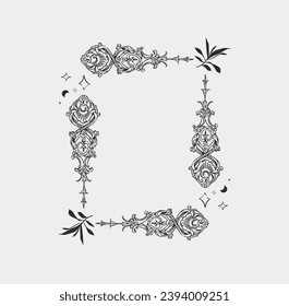 Hand drawn vector abstract outline,graphic,line vintage baroque ornament floral frame in calligraphic elegant modern style.Baroque floral vintage outline design concept.Vector antique frame isolated.