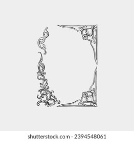 Hand drawn vector abstract outline,graphic,line vintage baroque ornament floral frame in calligraphic elegant modern style.Baroque floral vintage outline design concept.Vector antique frame isolated.