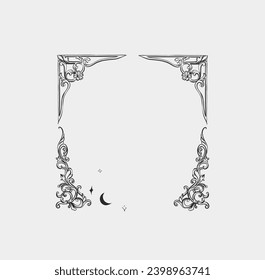 Hand drawn vector abstract outline,graphic,line vintage baroque ornament floral frame in calligraphic elegant modern style.Baroque floral vintage outline design concept.Vector antique frame isolated.