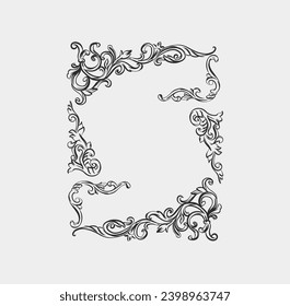 Hand drawn vector abstract outline,graphic,line vintage baroque ornament floral frame in calligraphic elegant modern style.Baroque floral vintage outline design concept.Vector antique frame isolated.
