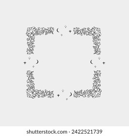 Hand drawn vector abstract outline,graphic,line vintage baroque ornament floral frame in calligraphic elegant modern style.Baroque floral vintage outline design concept.Vector antique frame isolated.