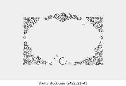 Hand drawn vector abstract outline,graphic,line vintage baroque ornament floral frame in calligraphic elegant modern style.Baroque floral vintage outline design concept.Vector antique frame isolated.