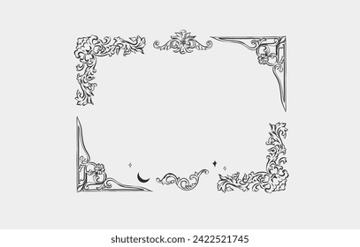 Hand drawn vector abstract outline,graphic,line vintage baroque ornament floral frame in calligraphic elegant modern style.Baroque floral vintage outline design concept.Vector antique frame isolated.