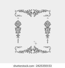 Hand drawn vector abstract outline,graphic,line vintage baroque ornament floral frame in calligraphic elegant modern style.Baroque floral vintage outline design concept.Vector antique frame isolated.