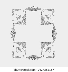 Hand drawn vector abstract outline,graphic,line vintage baroque ornament floral frame in calligraphic elegant modern style.Baroque floral vintage outline design concept.Vector antique frame isolated.