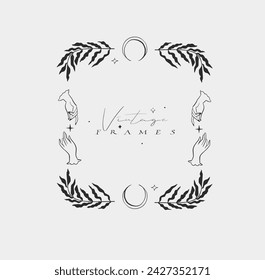 Hand drawn vector abstract outline,graphic,line vintage baroque ornament floral frame in calligraphic elegant modern style.Baroque floral vintage outline design concept.Vector antique frame isolated.