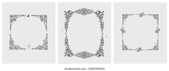 Hand drawn vector abstract outline,graphic,line vintage baroque ornament floral frame in calligraphic elegant modern style.Baroque floral vintage outline design concept.Vector antique frame isolated.