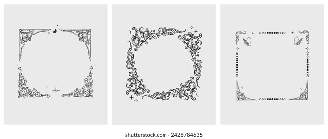 Hand drawn vector abstract outline,graphic,line vintage baroque ornament floral frame in calligraphic elegant modern style.Baroque floral vintage outline design concept.Vector antique frame isolated.