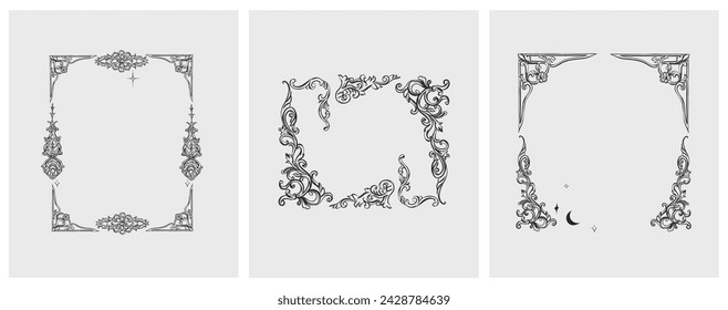 Hand drawn vector abstract outline,graphic,line vintage baroque ornament floral frame in calligraphic elegant modern style.Baroque floral vintage outline design concept.Vector antique frame isolated.