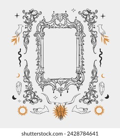 Hand drawn vector abstract outline,graphic,line vintage baroque ornament floral frame in calligraphic elegant modern style.Baroque floral vintage outline design concept.Vector antique frame isolated.