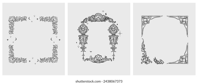 Hand drawn vector abstract outline,graphic,line vintage baroque ornament floral frame in calligraphic elegant modern style.Baroque floral vintage outline design concept.Vector antique frame isolated.