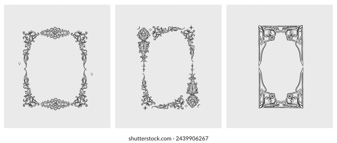 Hand drawn vector abstract outline,graphic,line vintage baroque ornament floral frame in calligraphic elegant modern style.Baroque floral vintage outline design concept.Vector antique frame isolated.