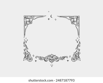 Hand drawn vector abstract outline,graphic,line vintage baroque ornament floral frame in calligraphic elegant modern style.Baroque floral vintage outline design concept.Vector antique frame isolated.