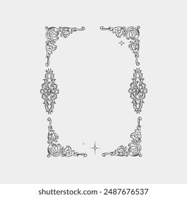 Hand drawn vector abstract outline,graphic,line vintage baroque ornament floral frame in calligraphic elegant modern style.Baroque floral vintage outline design concept.Vector antique frame isolated.