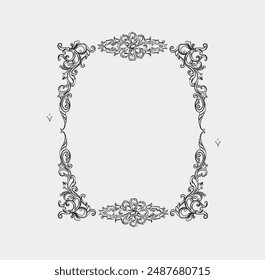 Hand drawn vector abstract outline,graphic,line vintage baroque ornament floral frame in calligraphic elegant modern style.Baroque floral vintage outline design concept.Vector antique frame isolated.