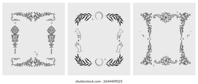 Hand drawn vector abstract outline,graphic,line vintage baroque ornament floral frame in calligraphic elegant modern style.Baroque floral vintage outline design concept.Vector antique frame isolated.