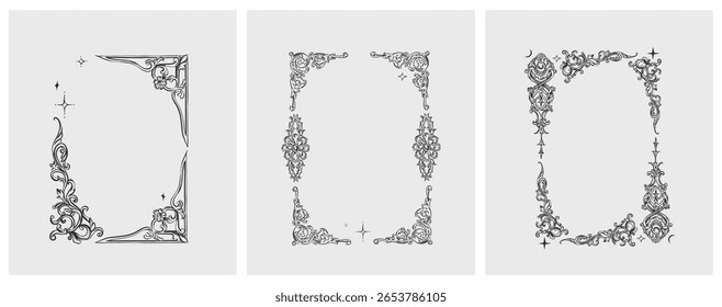 Hand drawn vector abstract outline,graphic,line vintage baroque ornament floral frame in calligraphic elegant modern style.Baroque floral vintage outline design concept.Vector antique frame isolated.