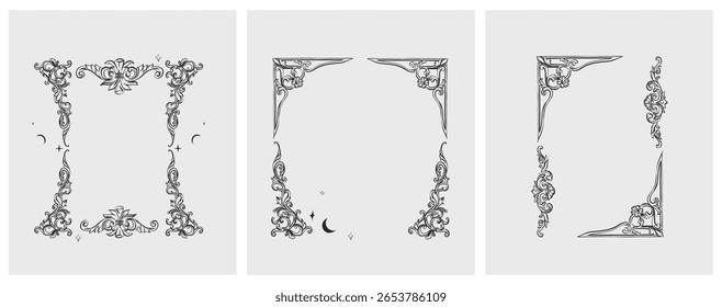 Handgezeichnete abstrakte Vektorkontur, Grafik, Linie Vintage Barock Ornament Blumenrahmen in kalligraphischen eleganten modernen Stil.Barock florale Vintage Kontur Design Konzept.Vektor antiker Rahmen einzeln.