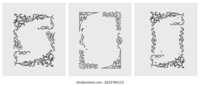 Vetor desenhado à mão resumo abstrato, gráfico, linha vintage barroco ornamento quadro floral em caligrafia elegante moderno style.Baroque floral vintage design design concept.Vetor quadro antigo isolado.
