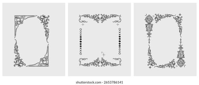 Hand drawn vector abstract outline,graphic,line vintage baroque ornament floral frame in calligraphic elegant modern style.Baroque floral vintage outline design concept.Vector antique frame isolated.