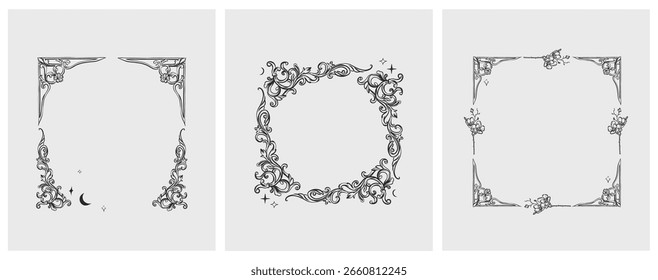 Dibujado a mano Vector contorno abstracto, gráfico, línea vintage adorno barroco marco floral en estilo moderno elegante caligráfico. Concepto de diseño de contorno vintage floral barroco. Marco antiguo de Vector aislado.