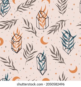 Dibujo manual vectorial abstracto ilustración retro gráfica con arte mágico bohemio patrón sin fisuras de cristales, hojas de flores, estrellas y luna creciente en estilo simple