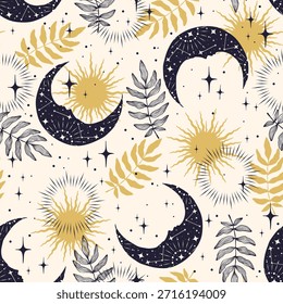 ilustração gráfica retro vetor desenhado à mão com arte mágica boêmia padrão sem emenda de folhas, estrelas e lua crescente. Estilo simples