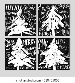Hand drawn vector abstract rough Christmas greeting cards collection set with brush painted Christmas trees,modern calligraphy,lettering Christmas phases and quotes in black and white colors.