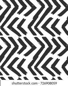 Hand Drawn Vector Abstract Rough Geometric Monochrome Seamless Zig Zag Chevron Pattern In Black And White Colors.Hand Made Grunge Brush Painted Texture.Scandinavian Concept Design For Fashion,fabric