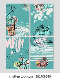 Hand drawn vector abstract save the Date greeting card collection set templates with succulent,cactus plant in terrarium and freehand texture in pastel color.Design for wedding,journaling,scrapbooking