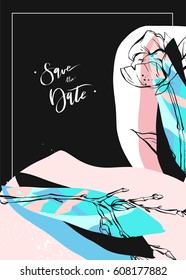 Hand drawn vector abstract save the date card template with flowers and brunches isolated on black background.Business,birthday,wedding.