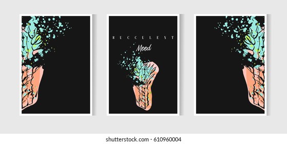 Hand drawn vector abstract Save the Date greeting card collection set template with succulent,cactus plant and freehand texture in pastel color.Design for wedding,journaling,birthday,invitation,flayer
