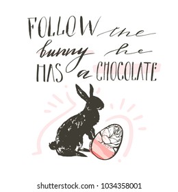 Hand drawn vector abstract scandinavian collage Happy Easter bunny,egg illustrations greeting card and handwritten modern calligraphy Follow the bunny he has a chocolate isolated on white background.