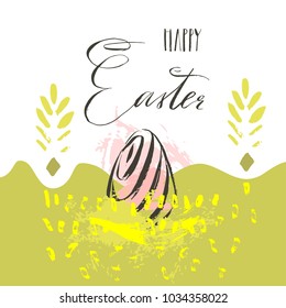 Hand drawn vector abstract scandinavian collage Happy Easter eggs illustrations greeting card,freehand textures and handwritten modern calligraphy Happy Easter isolated on white background.