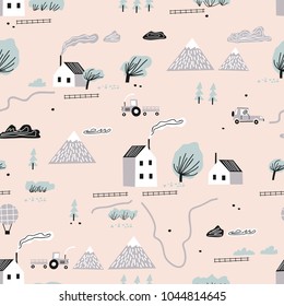 Gráfico escandinavo gráfico abstracto de vectores dibujado a mano patrón sin fisuras con casa, árboles y montañas. Concepto de paisaje natural nórdico. Perfecto para tela infantil, textil, tapicería de vivero.