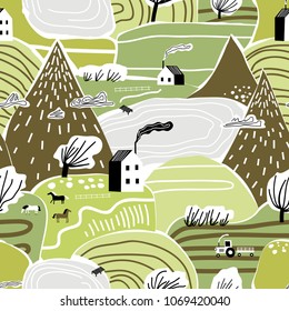 Hand drawn vector abstract scandinavian graphic illustration seamless pattern with house, trees and mountains. Nordic nature landscape concept. Perfect for kids fabric, textile, nursery wallpaper.